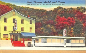 Nanticoke PA New Towers Hotel & Tohey's Diner on US 11 Linen Postcard - Picture 1 of 2