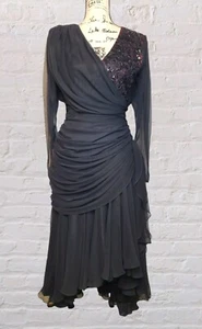 Vtg 80s Lillie Rubin Ruched Chiffon Sequin 6 Black Burgundy Jeweled Midi Dress - Picture 1 of 13