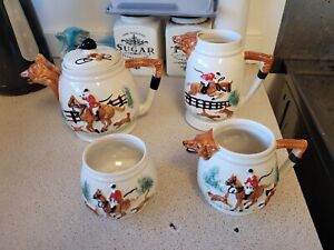 Portland Pottery P.P.C Fox Hunting Scene Teapot set inc Large and small Jugs