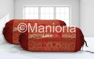 Indian Pillow Case Kantha Work Silk Bolster Cylinder Sofa Cover Throw red 2 pc - Picture 1 of 5
