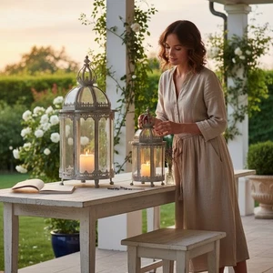 Splendido set di 2 porta lanterna in metallo grigio tealight per arredamento casa e giardino - Foto 1 di 2
