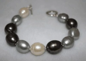 Charm 7.5" Around 10x14mm South Sea Genuine White Black Gray Drop Pearl Bracelet - Picture 1 of 3