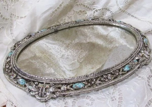 Vintage Sam Fink Silver Floral Jeweled Vanity Mirror Plateau Hollywood Regency - Picture 1 of 5