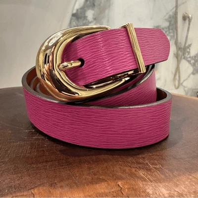 Lauren Ralph Lauren 双面 Saffiano 皮革腰带粉色/棕色金色扣 Lg — 第 1/4 张图片