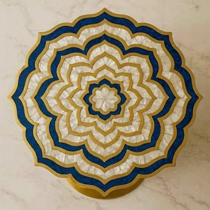 Blue Lapis & Mother of Pearl Marble Coffee Table – Handmade Gemstone Furniture - Picture 1 of 9