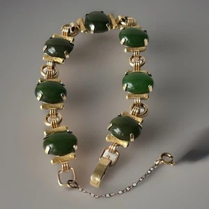 Vintage 14k Gold Filled Krementz Genuine Jade Bamboo Style Bracelet Signed 7,5” - Picture 1 of 10