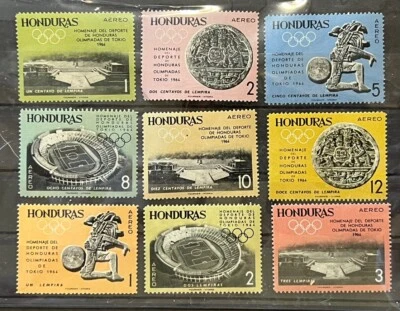 Sellos de viaje: estampillas de Honduras Scott #C336-C344 Juegos Olímpicos de 1964 como nuevas MNH OG Foto 1 de 4