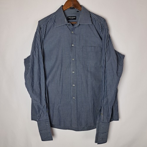 SAINT LAURENT (YSL) Camicia elegante vintage Yves Saint Laurent uomo 18 bottoni blu davanti L S polsino francese