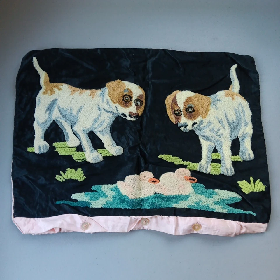 Antique Crewel Embroidery Needlepoint Pillow Cover on Satin Puppy Dogs Pond Duck - Image 1 of 4