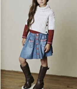 Matilda Jane Girls Size 4 Chambray Button Front Ruffle Pink Accent Blue Skirt - Picture 1 of 6