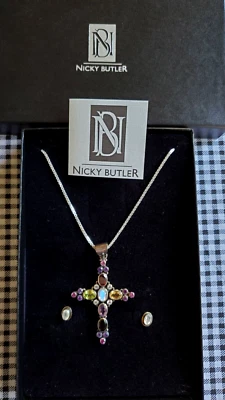 NICKY BUTLER STERLING SILVER MULTI-GEMSTONE CROSS NECKLACE EARRING SET - VINTAGE - Image 1 of 4