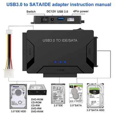USB 3.0 zu SATA IDE Festplatte Adapter Konverter Kabel für 3,5 2,5 Zoll HDD/SSD D - Bild 1 von 4
