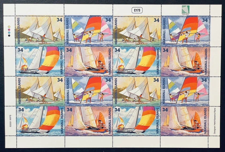 MARSHALL ISLANDS WATERCRAFT RACING STAMPS SHEET 16V MNH 2001 YACHTS WINDSURFING - Image 1 of 1