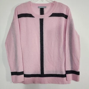 Hannah Rose Cashmere Sweater Sz M Long Sleeve Pink Gray Stripe Lightweight - Picture 1 of 12