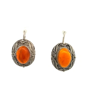 Vintage Sterling Silver Honey Cognac Amber Cabochon Pierced Hook Earrings - Picture 1 of 9