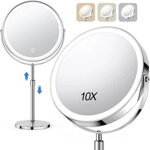 10X Large Lighted Makeup Mirror Rechargeable Height Adjustable 1X 10X Magnifying - Picture 1 of 12