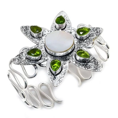 Mother Of Pearl, Peridot Gemstone 925 Sterling Silver Cuff Bracelet Adjustable - Image 1 of 4