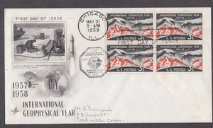 USA 1958 ARTCRAFT FDC INTERNATIONAL GEOPHYSICAL YEAR IN BLOCK OF 4 + CACHET - Picture 1 of 1
