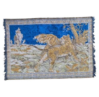 Vintage Velvet Tapestry Wall Hanging Tiger Hunt Indian Elephant Large 47"x70" - Image 1 of 4