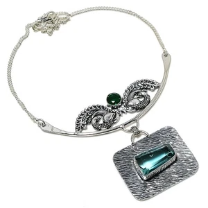 Aqua Apatite, Diopside Gemstone 925 Sterling Silver Jewelry Collana 18" - Foto 1 di 5