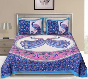 Rajasthani Tradition Queen Size Double Bedsheets with 2 Pillow Covers Queen Size - Picture 1 of 4