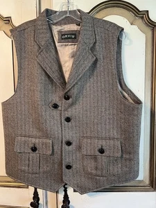 Orvis Vest Mens L Brown Herringbone 100% Wool Tweed Western Belted Waistcoat - Picture 1 of 12