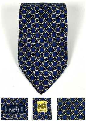 "Corbata ecuestre para hombre Hermes eslabones de cadena azul amarillo 7059 TA ancho 3,5"" largo 58""" Foto 1 de 4