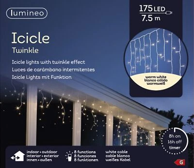 Lumineo Tenda Luminosa Icicle Twinkle 175 LED 7,5 m Bianco Caldo, Cavo Bianco