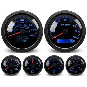 6 Gauge Set 85mm Black GPS Speedometer 80MPH/120KM/H Tacho/Fuel/Temp/Oil/Volt - Picture 1 of 8