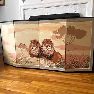 Rare Vintage Mid Century Lions 4 Panel Silk Screen Painting MCM Wall Hanging Art - Bild 1 von 12