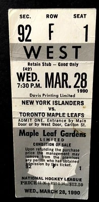 1990 Toronto Maple Leafs vs New York Islanders Unused Ticket Maple Leaf Gardens - Image 1 of 2