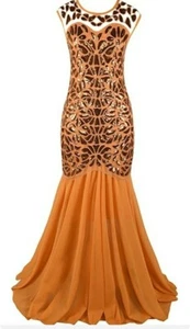 PrettyGuide Women 's 1920s Orange Sequin Gatsby Maxi Prom Party Dress - Picture 1 of 4