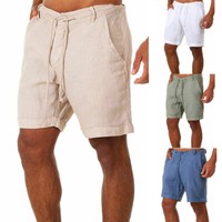 Men's Casual Linen Shorts Drawstring Summer Short Pants Beach Sports Pants Solid