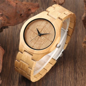 Unique Compass Dial Design Men's Bamboo Wristwatch Quartz Movement Wooden Band - Picture 1 of 8