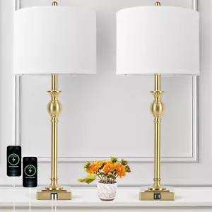 28” Gold Table Lamps Set of 2, Tall Bedside Lamps with Dual USB Charging Ports, - Picture 1 of 8