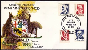 AUSTRALIA PRIME MINISTERS 1913-1929 4 STAMP SET 1972 EMU & KANGAROO CACHET FDC - Picture 1 of 1