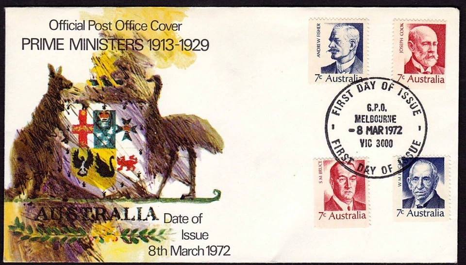 AUSTRALIA PRIME MINISTERS 1913-1929 4 STAMP SET 1972 EMU & KANGAROO CACHET FDC - Image 1 of 1