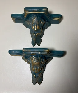 Vintage Wall Shelf Art Nouveau Cherub Angel Head Pottery Ceramic 11" Set of 2 - Picture 1 of 11