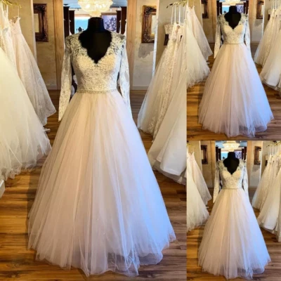 Boho длинный SLeeves свадебные платья V шеи кружева аппликации тюль свадебные платья - Изображение 1 из 4