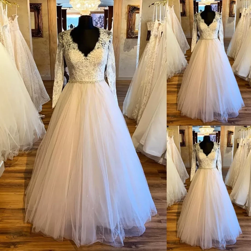 Boho Long SLeeves Wedding Dresses V Neck Lace Appliques Tulle Bridal Gowns - Image 1 of 4