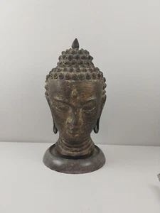 ANTIQUE CHINESE CAST IRON BUDDHA HEAD, GUILDING RESIDUE 14" TALL, 11.5 Lbs - Picture 1 of 10