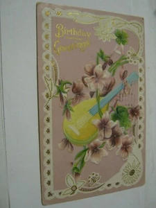 Colorful Mandolin & Peonies Birthday PC, 1910 Chester PA Postmark to Upland "AA" - Picture 1 of 10