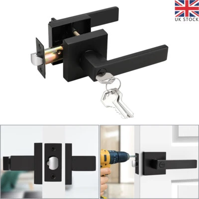Black Bathroom Internal Door Handle and Latch Lock-Square Door Lever Handles Set - Image 1 of 4