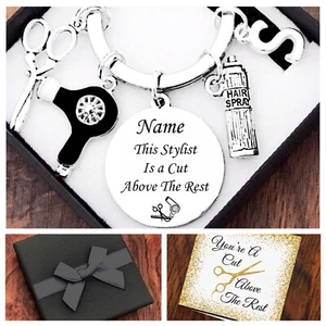FRISEUR GESCHENK, CHARM SCHLÜSSELRING, HAARSTYLIST, SCHWARZER HAARTROCKNER, INITIALEN - Bild 1 von 2