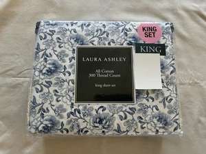 NEW 4pc Laura Ashley King Sheet Set Cottage Floral LORELEI Blues on Blue 300TC - Picture 1 of 5
