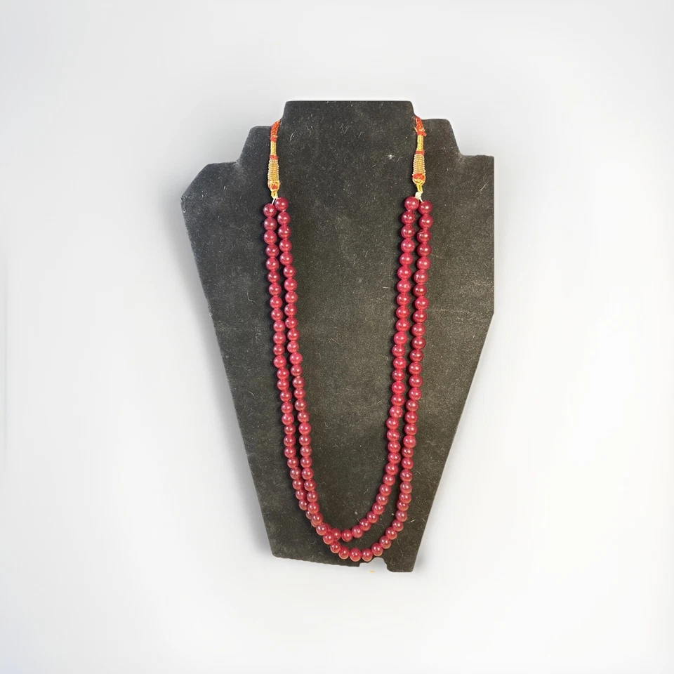 Collar de cuentas de rubí genuino de 2 hilos con cordón de seda ajustable estilo joyería india Foto 1 de 2