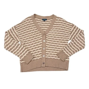 ModCloth Cardigan Sweater Medium Tan White Striped Open Knot Crochet Grandma - Picture 1 of 9