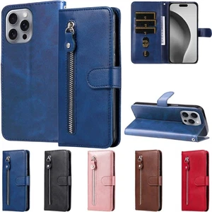 For iPhone 17 16 15 14 13 12 11 SE XR Zipper Wallet Card Slot Leather Case Cover - Picture 1 of 42