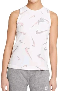 NEW Nike Girls French Terry Swoosh Tank Top Slim Fit Pink White Printed Logo M - Picture 1 of 22