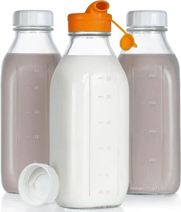 32 Oz Empty Glass Milk Bottles with Silicone Dispenser Cap Glass Water Bottles - Picture 1 of 1